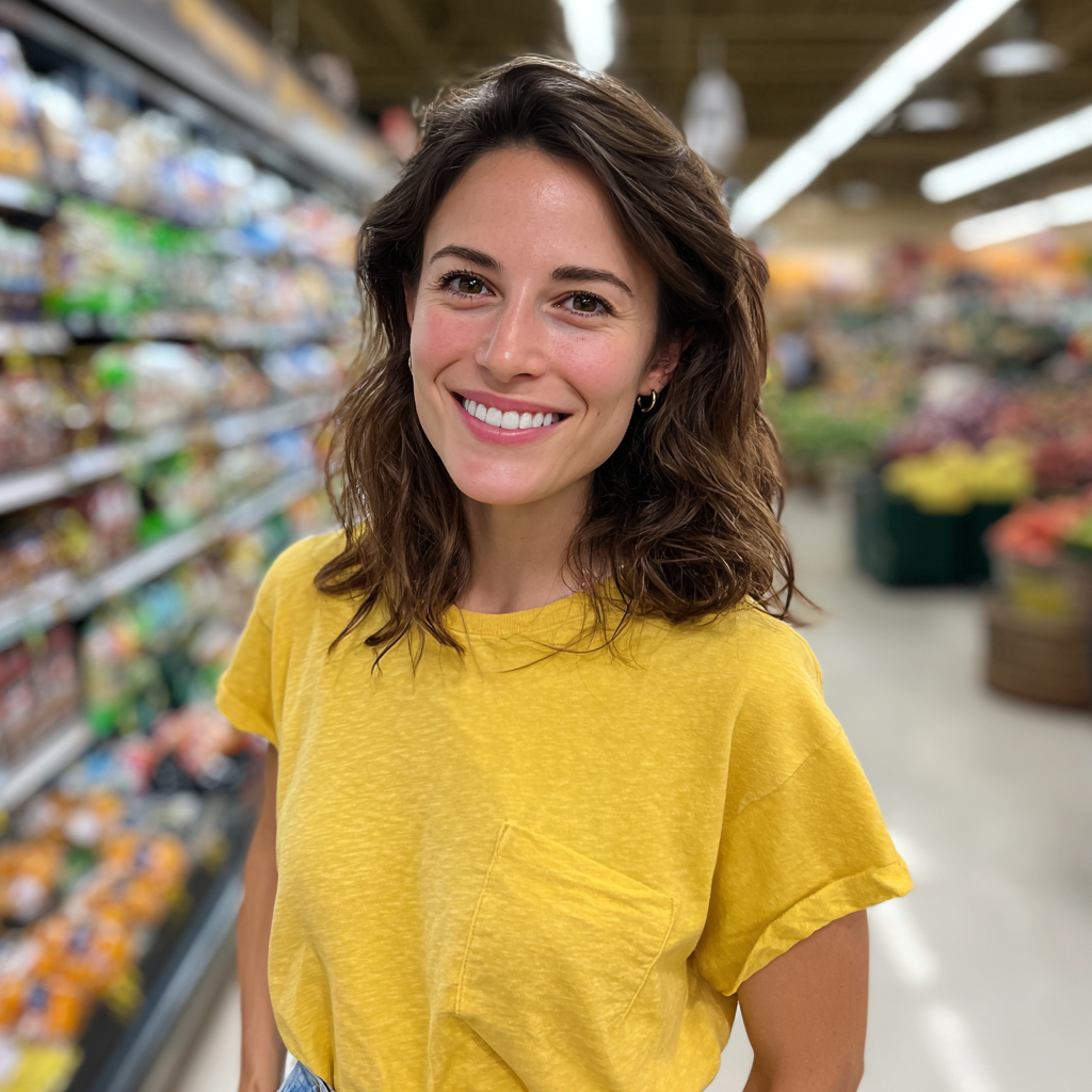 Una mujer sonriente de pie en una tienda de comestibles | Fuente: Midjourney