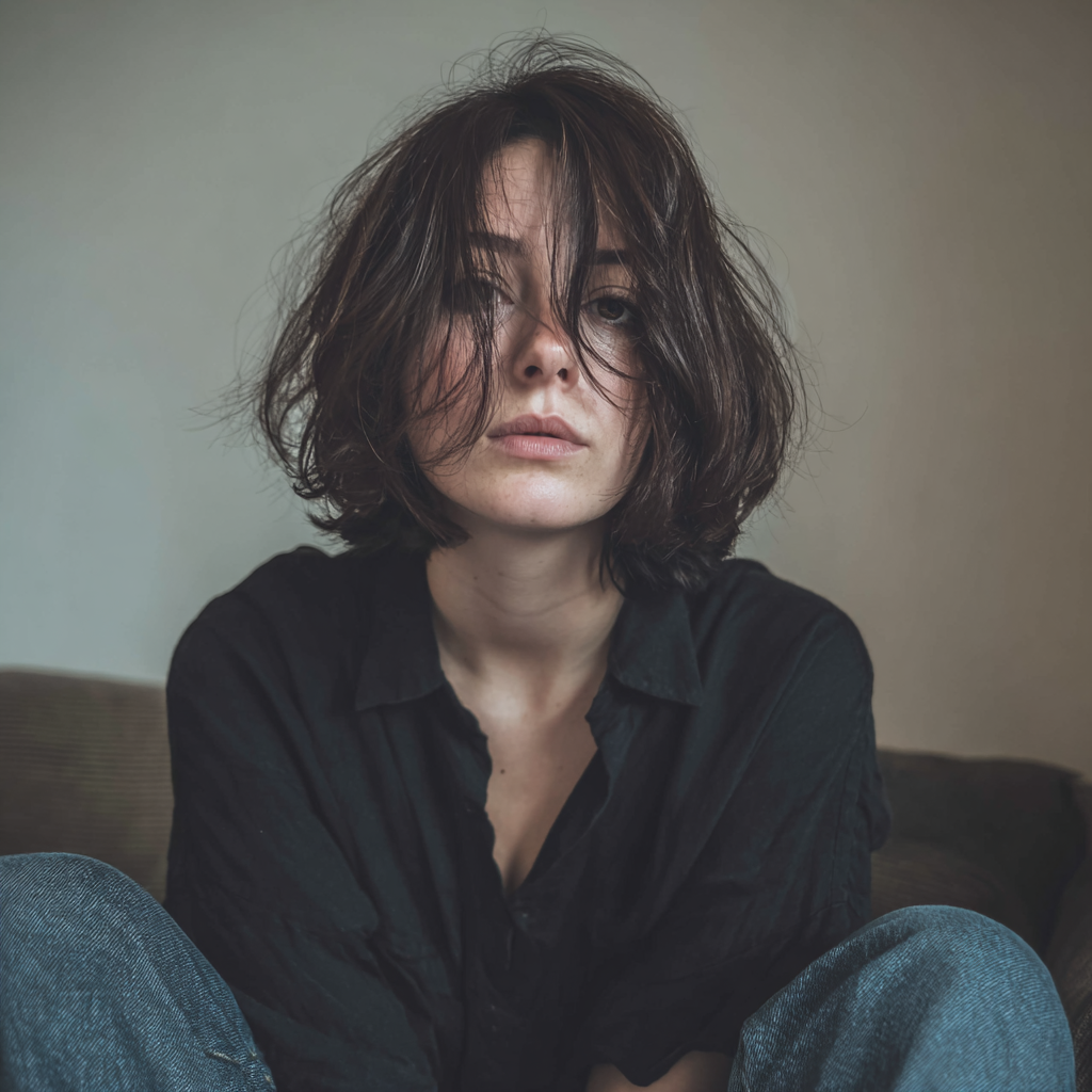 Una mujer alterada sentada en un sofá | Fuente: Midjourney