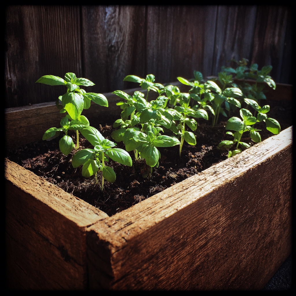 Plantones de albahaca en una jardinera | Fuente: Midjourney