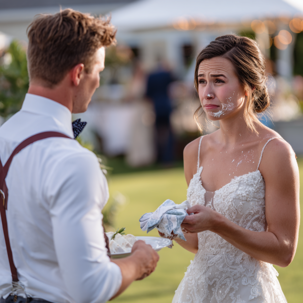 Un hombre entrega a la novia una servilleta de tela | Fuente: Midjourney