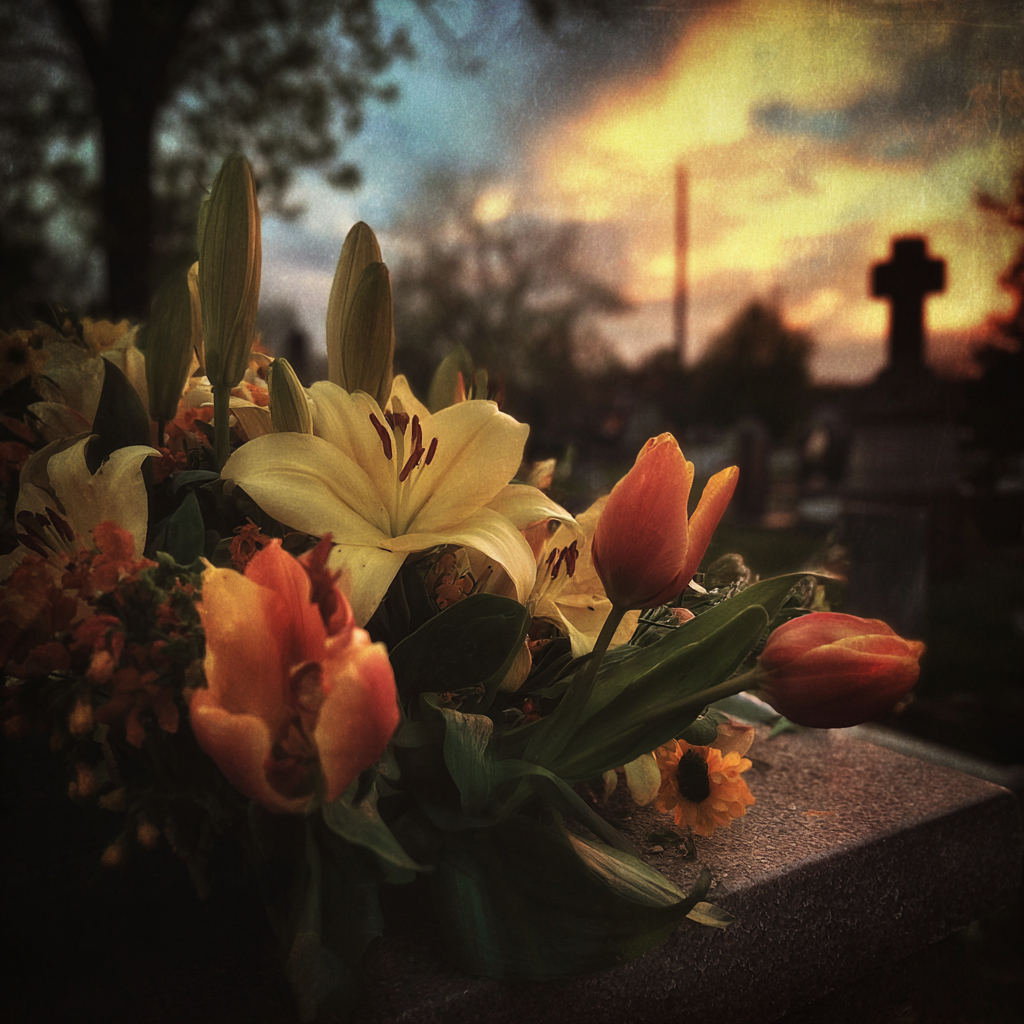 Un ramo de flores en un cementerio | Fuente: Midjourney