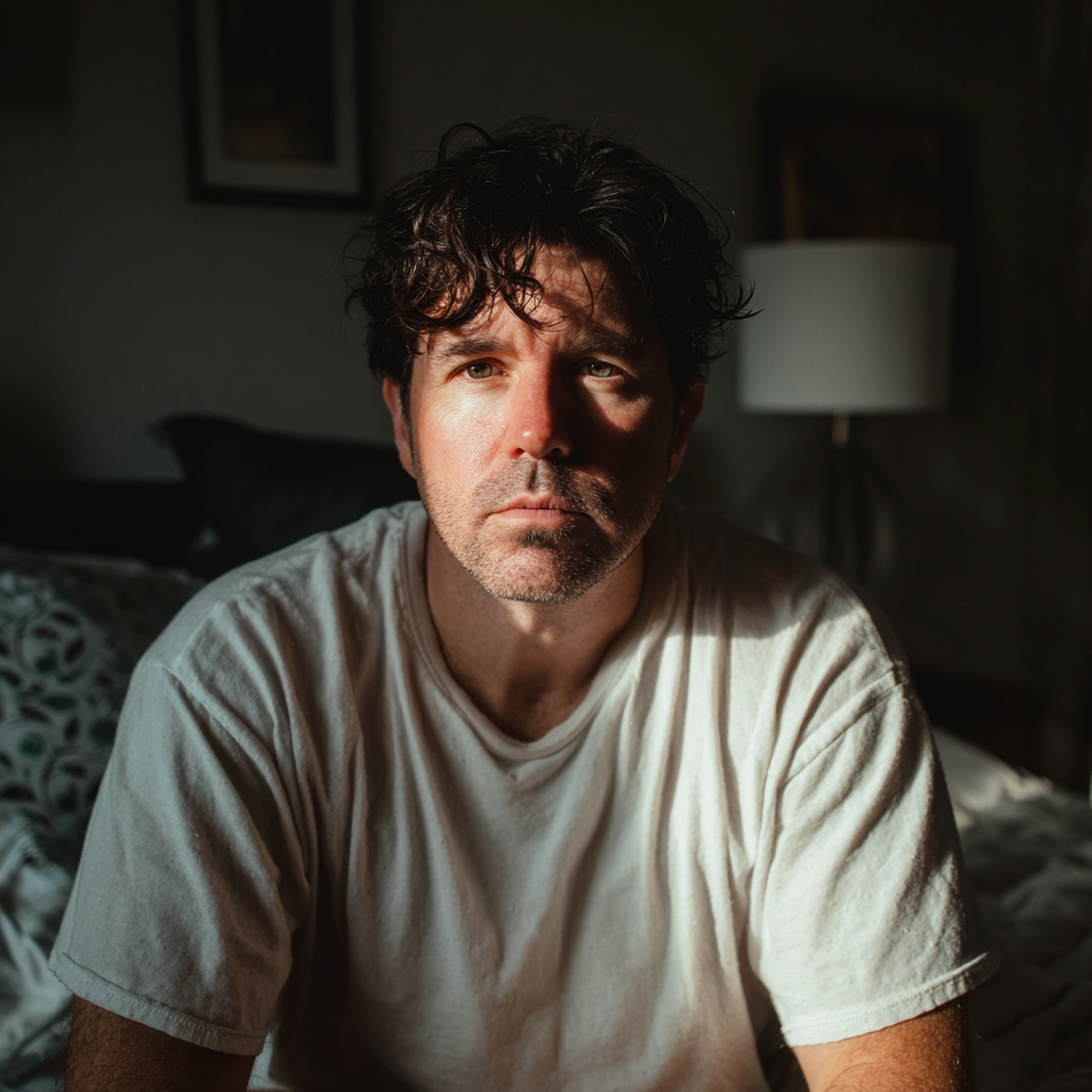 Un hombre preocupado sentado en una cama | Fuente: Midjourney