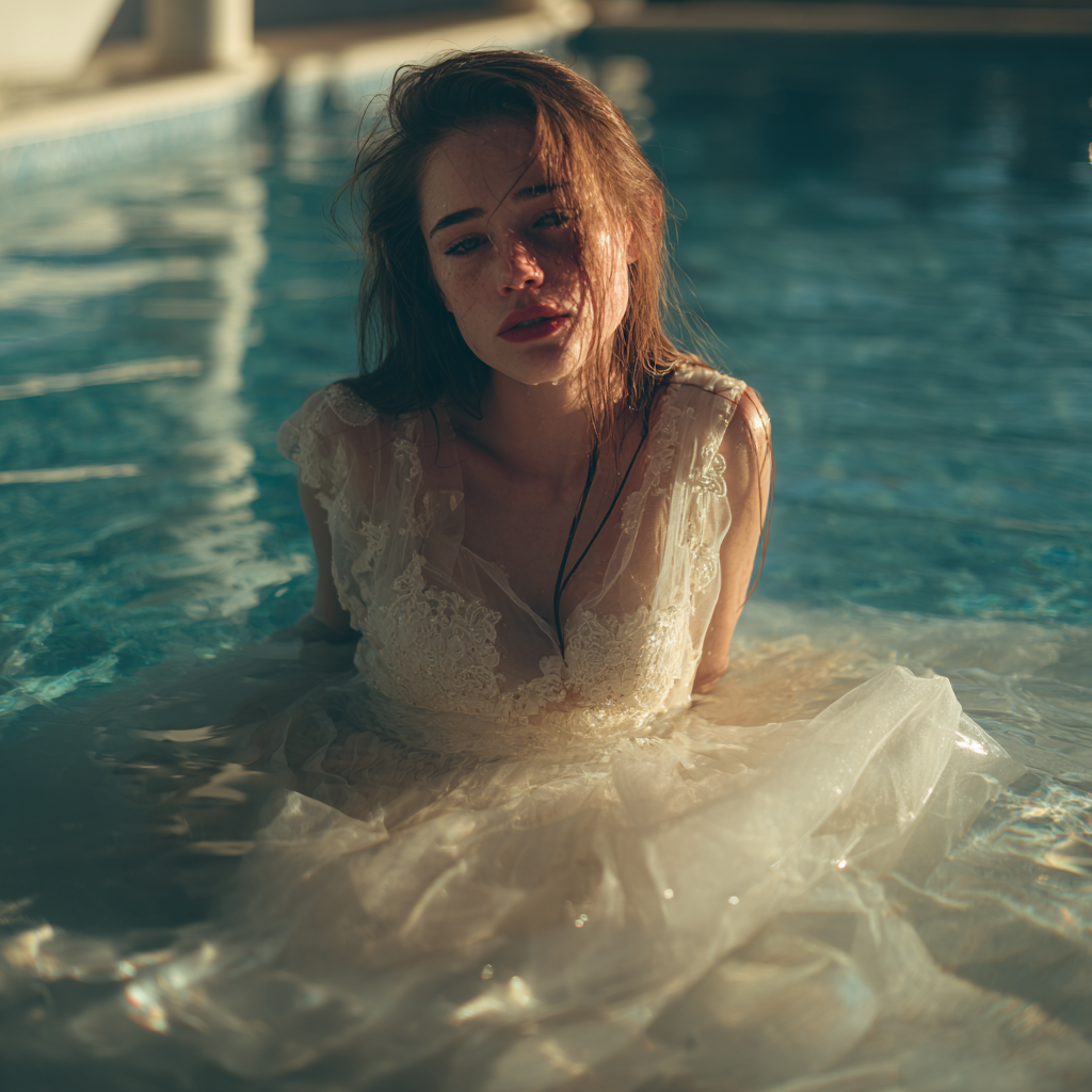Una novia disgustada en una piscina | Fuente: Midjourney