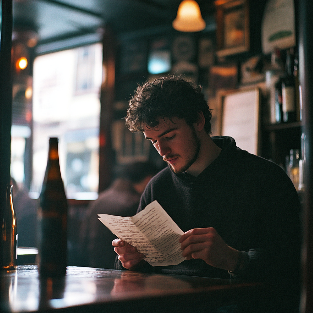 Un hombre leyendo una carta en un pub | Fuente: Midjourney