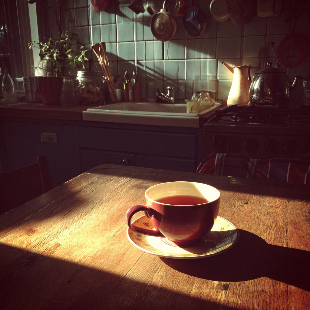 Una taza de té sobre una mesa | Fuente: Midjourney