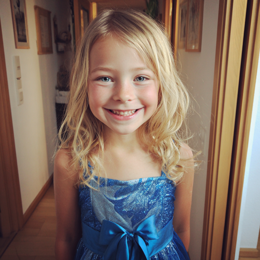 Una niña feliz con un vestido azul | Fuente: Midjourney