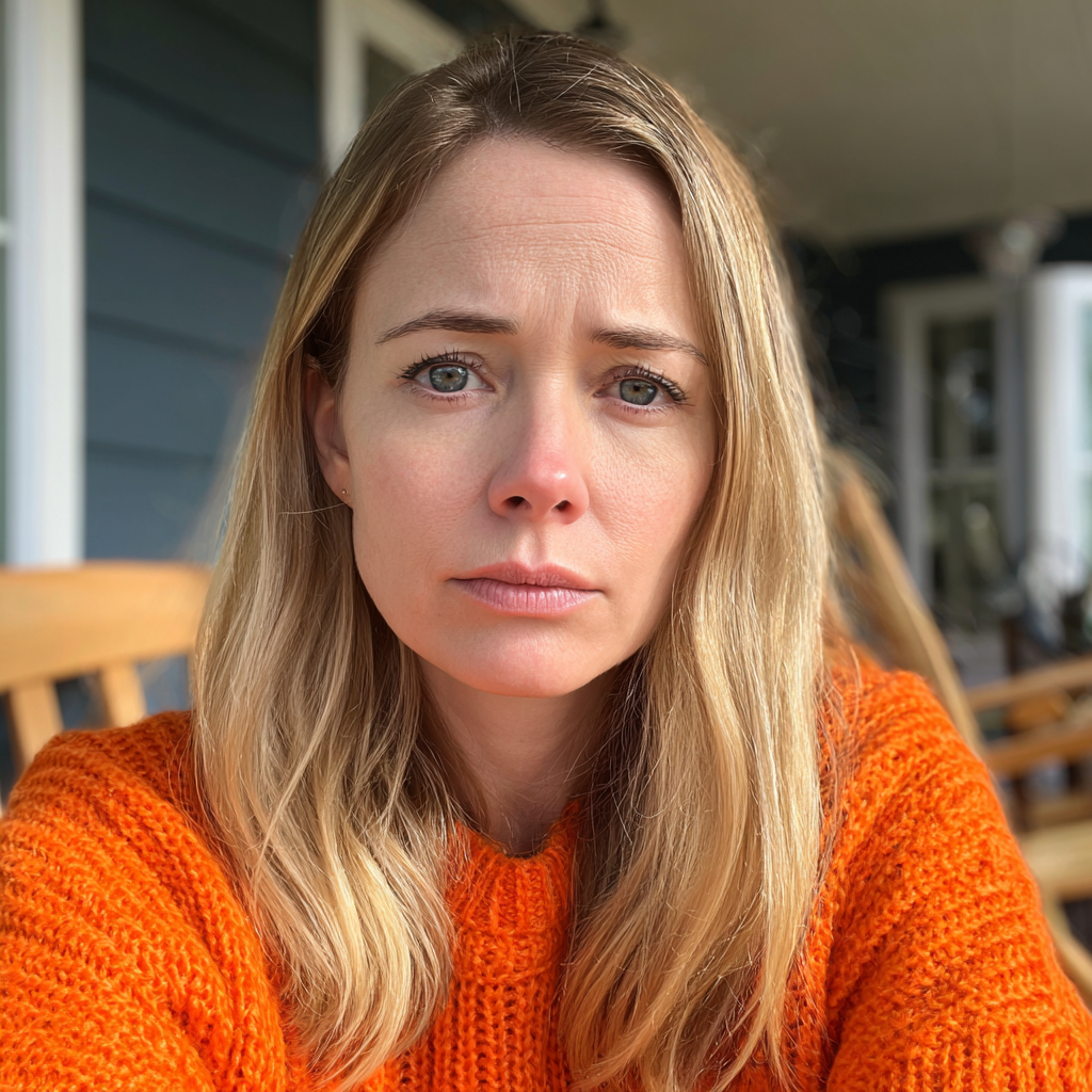 Una mujer sentada en un porche con un jersey naranja | Fuente: Midjourney