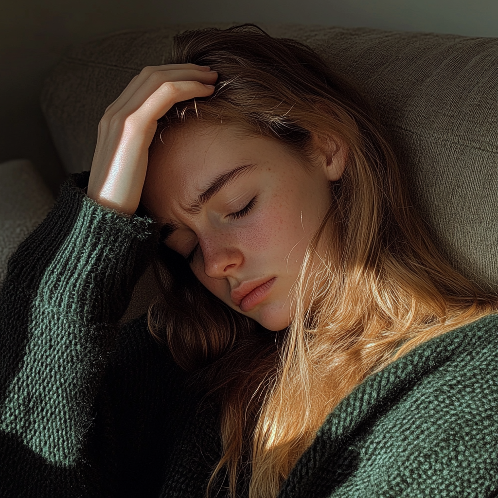 Una mujer emocional sentada en un sofá | Fuente: Midjourney