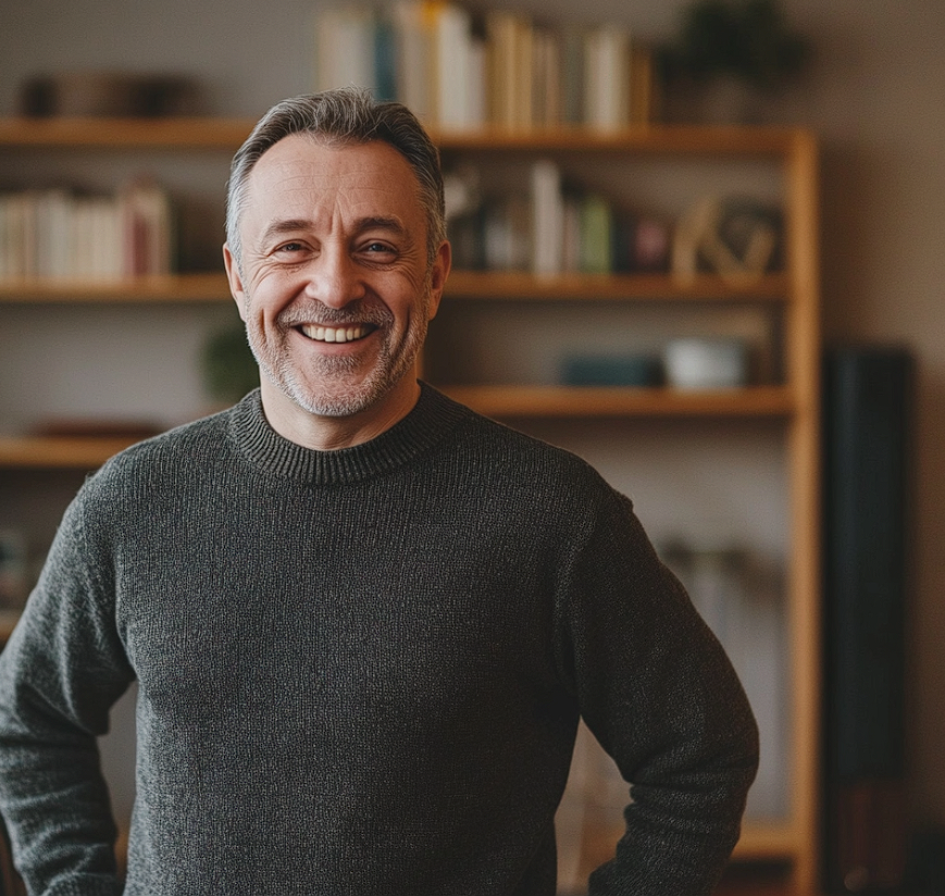 Un hombre sonriendo en un salón | Fuente: Midjourney