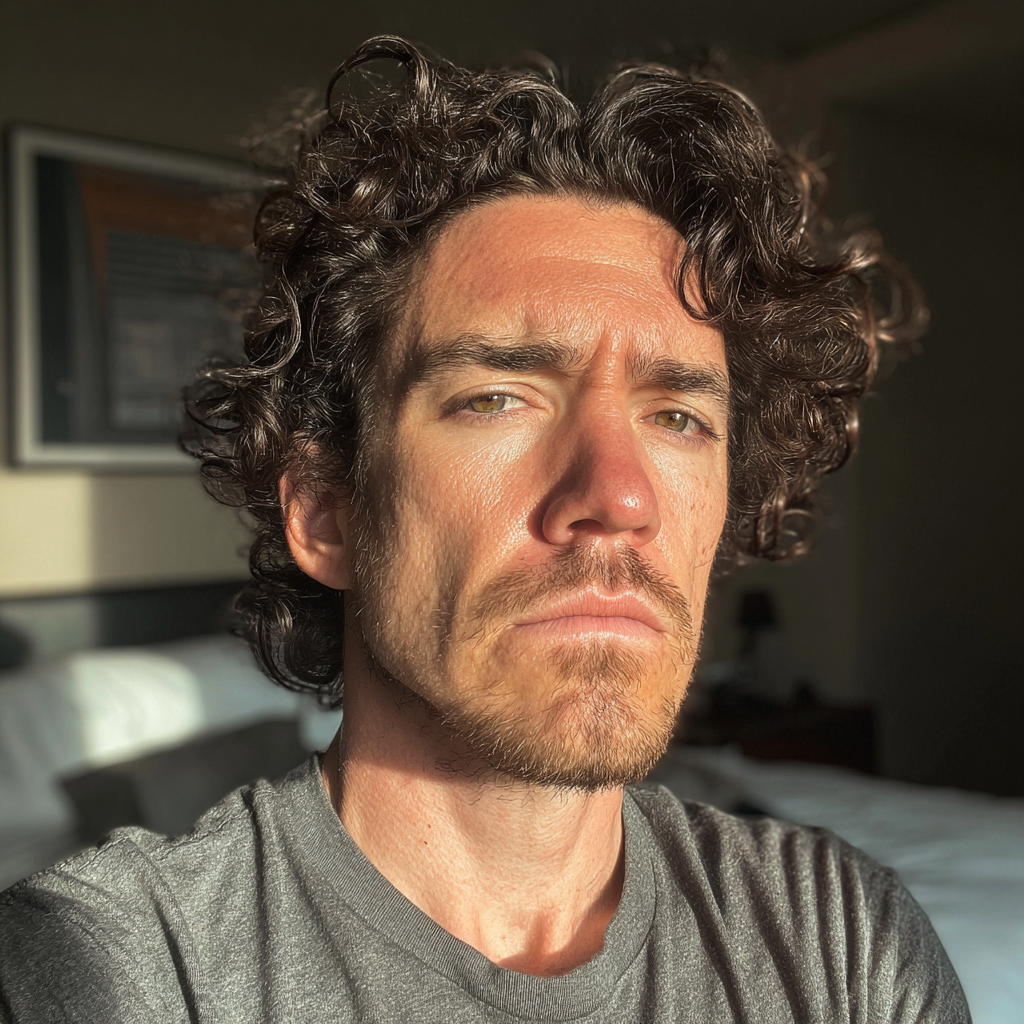Un hombre ceñudo con una camiseta gris | Fuente: Midjourney