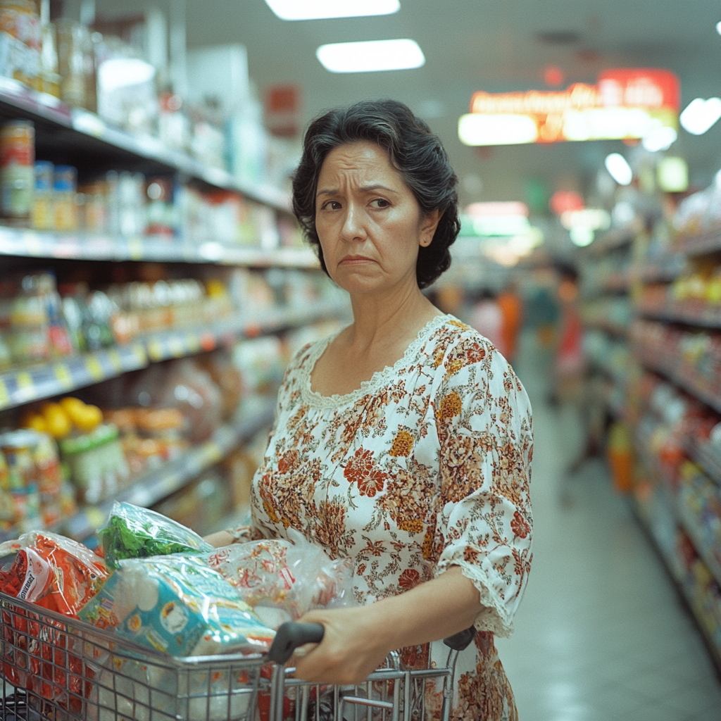 Una mujer infeliz empujando un carrito de la compra | Fuente: Midjourney