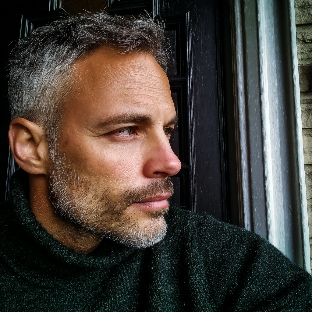 Un hombre de pie en la puerta de tu casa con un suéter verde | Fuente: Midjourney