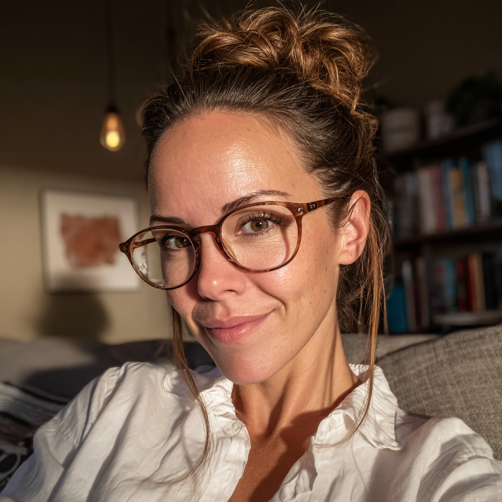 Una mujer sonriente sentada en un sofá | Fuente: Midjourney