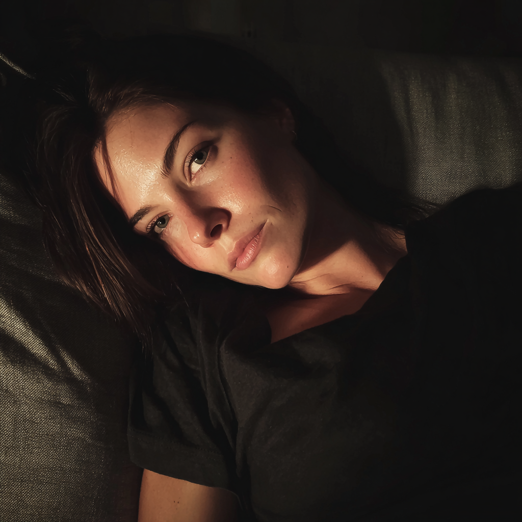 Una mujer alterada tumbada en un sofá | Fuente: Midjourney