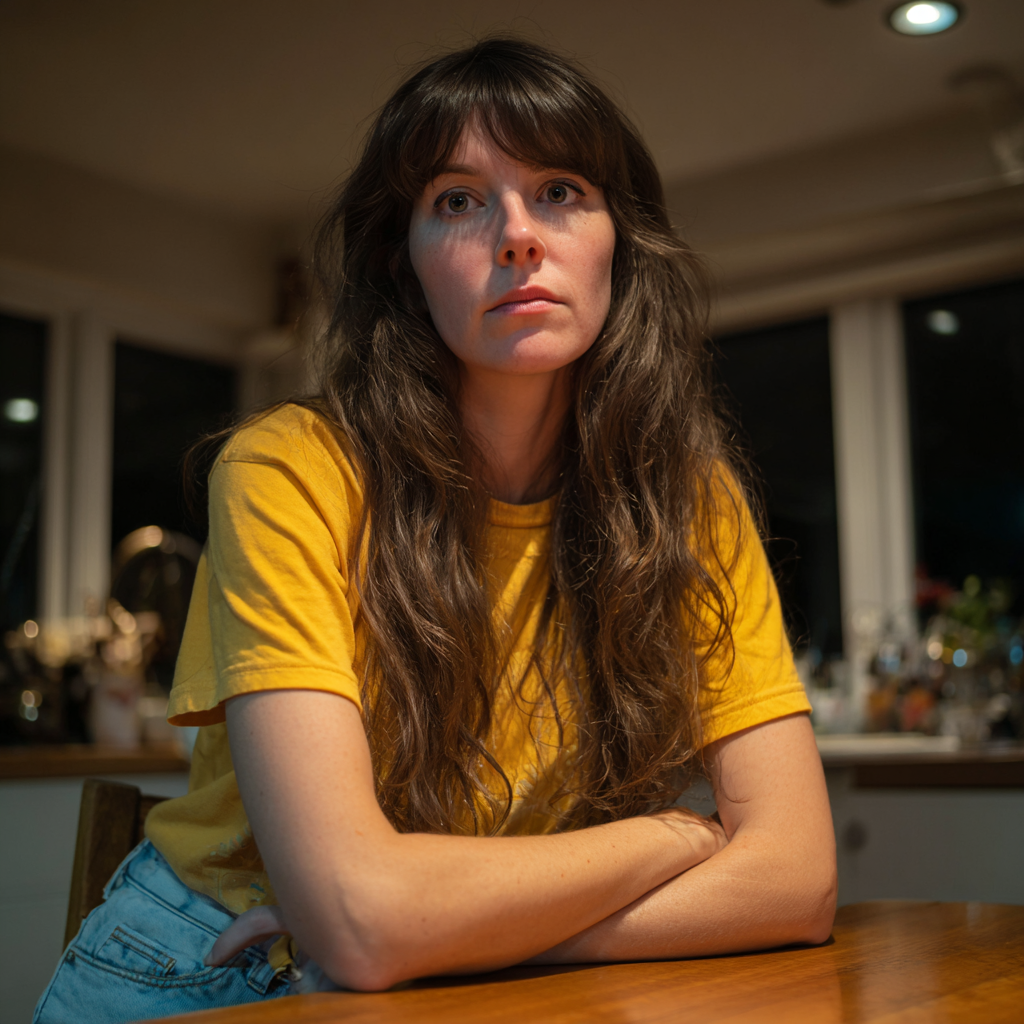 Una mujer pensativa sentada a una mesa | Fuente: Midjourney