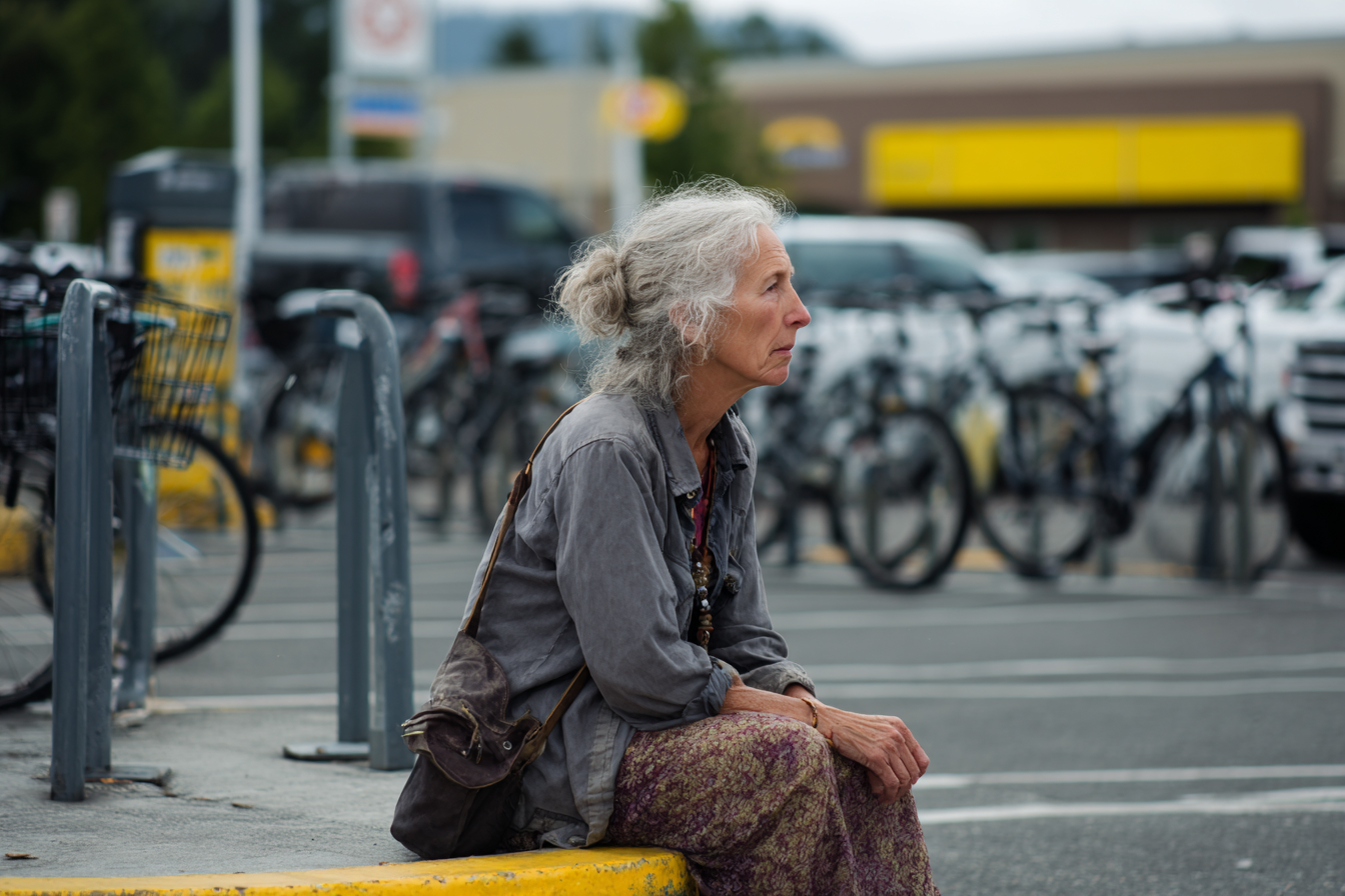 Una anciana sentada en un bordillo | Fuente: Midjourney