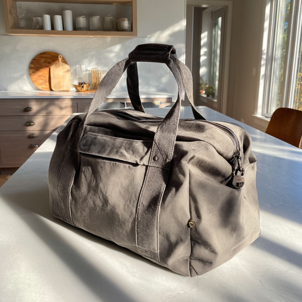Una bolsa de viaje gris sobre una mesa | Fuente: Midjourney