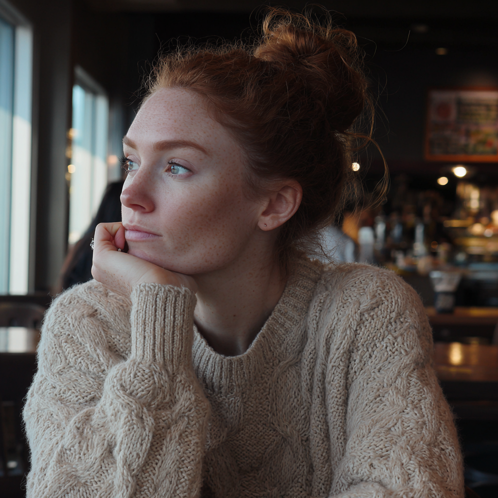 Una mujer poco impresionada sentada en una cafetería | Fuente: Midjourney
