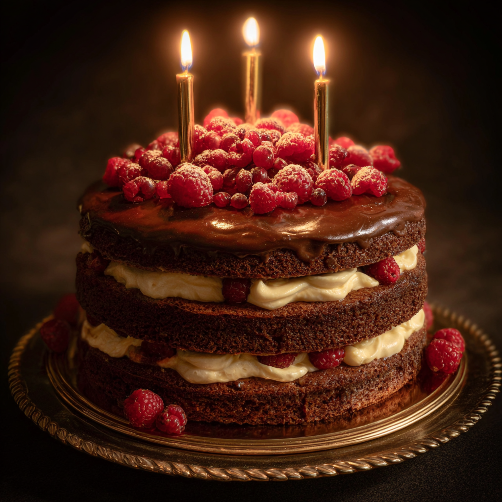 Primer plano de un pastel de cumpleaños de chocolate y frambuesa | Fuente: Midjourney