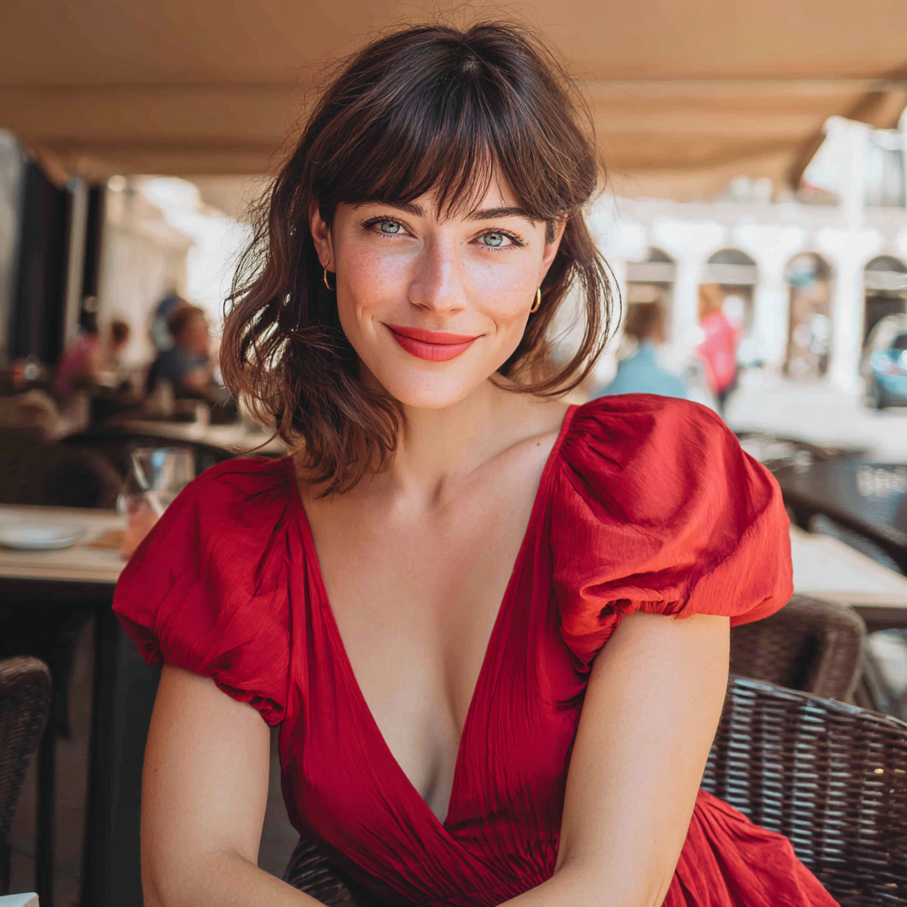 Una mujer sonriente sentada en un café | Fuente: Midjourney