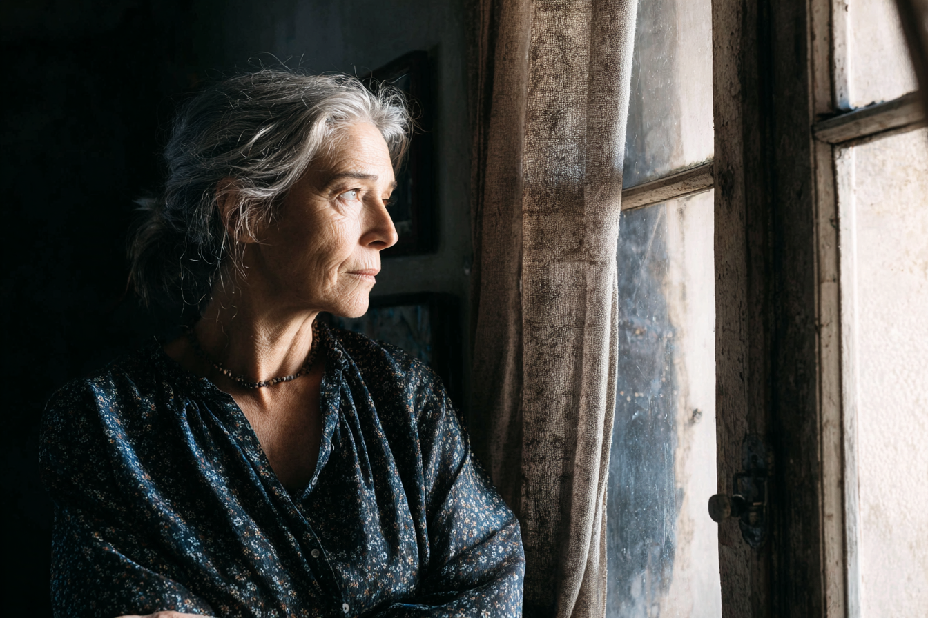 Una mujer mayor de pie junto a una ventana | Fuente: Midjourney