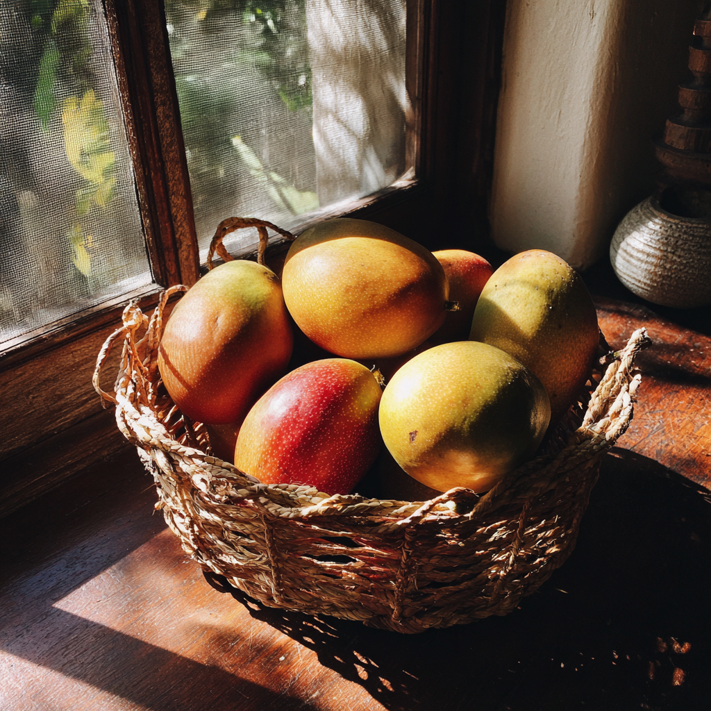 Una cesta de mangos frescos | Fuente: Midjourney