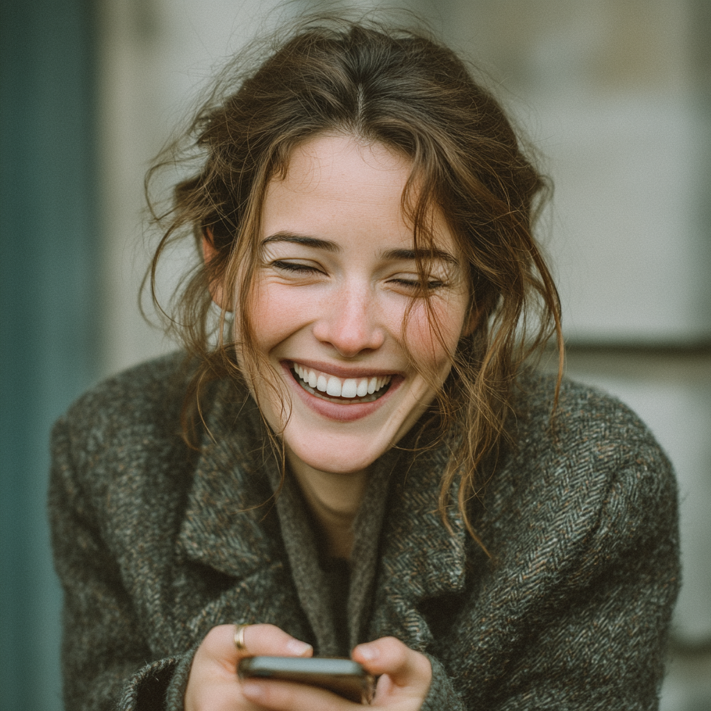 Una mujer riendo mientras sujeta su teléfono | Fuente: Midjourney