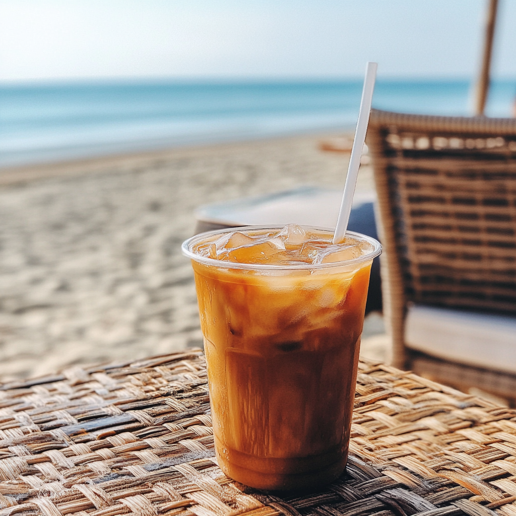 Un café helado sobre una mesa de mimbre | Fuente: Midjourney