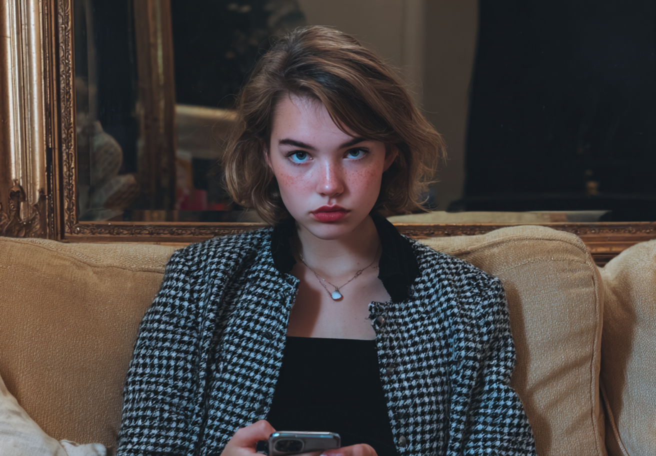 Una adolescente malhumorada usando su teléfono | Fuente: Midjourney