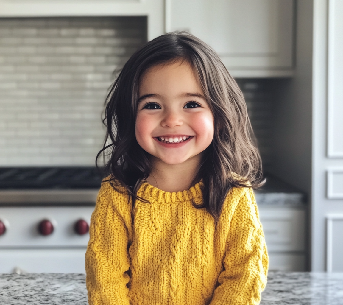 Una niña sonriente sentada en la encimera de la cocina | Fuente: Midjourney