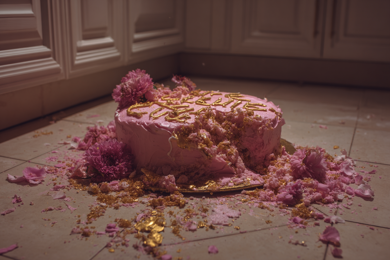 Un pastel en el suelo | Fuente: Midjourney