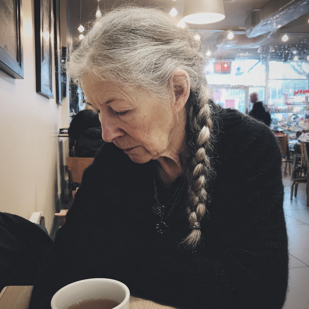 Una mujer mayor sentada a una mesa | Fuente: Midjourney