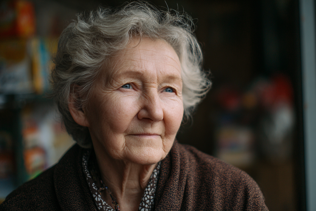 Una mujer mayor en la puerta de un supermercado | Fuente: Midjourney