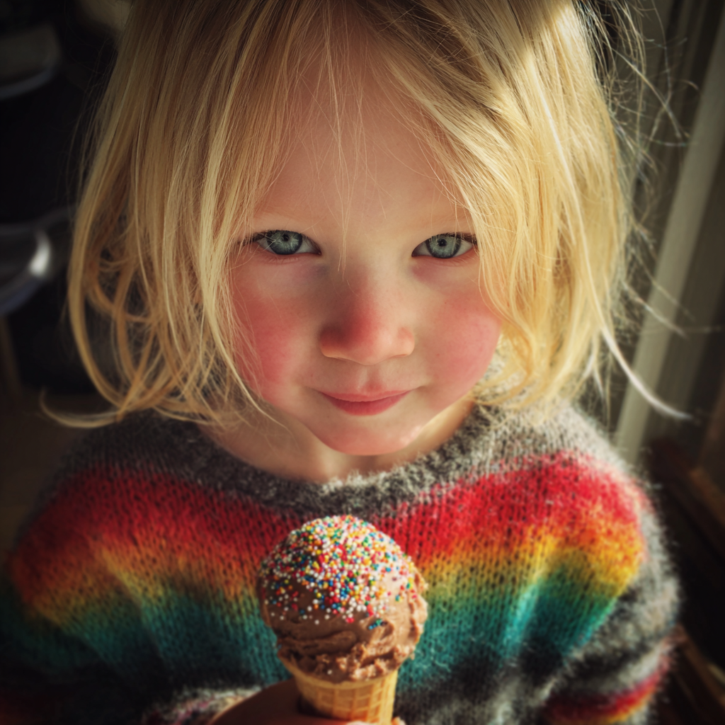 Una niña con una barquilla de helado en la mano | Fuente: Midjourney