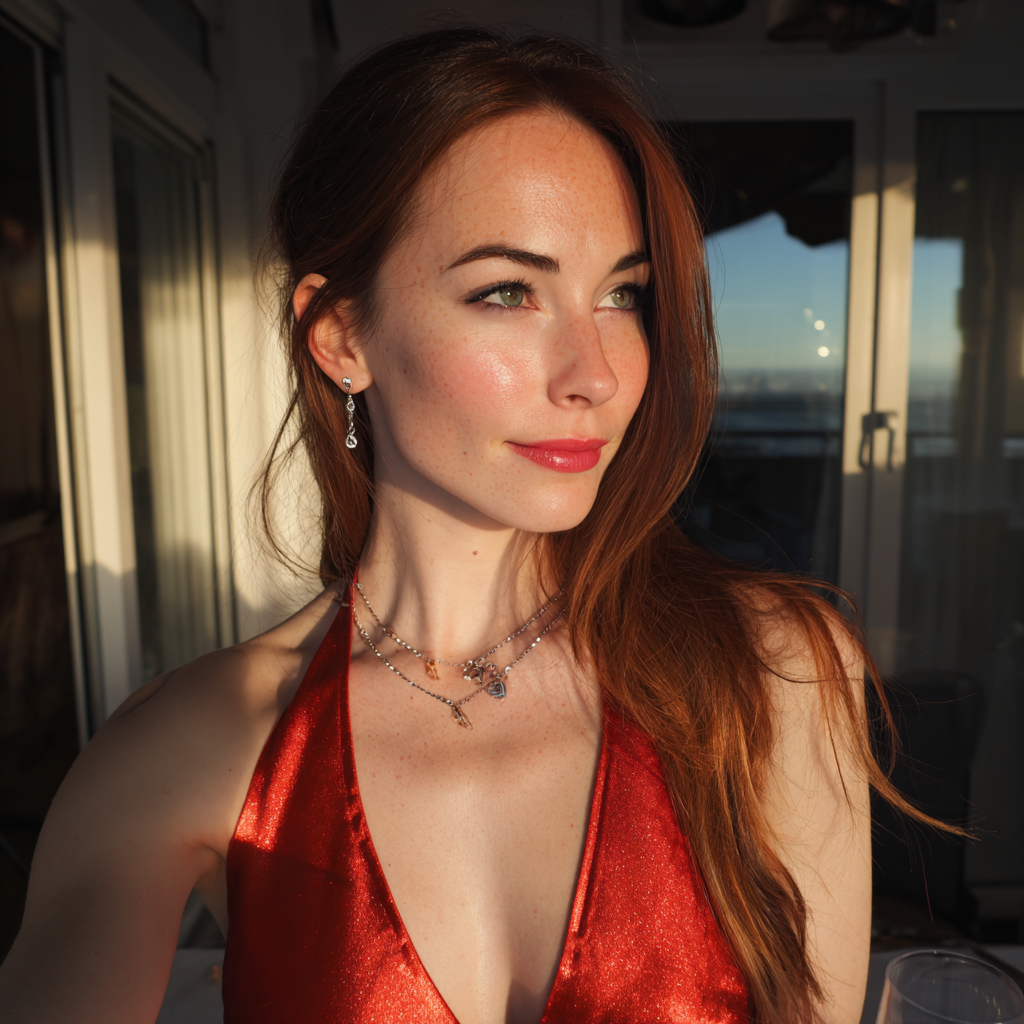 Una mujer sonriente con un vestido rojo | Fuente: Midjourney