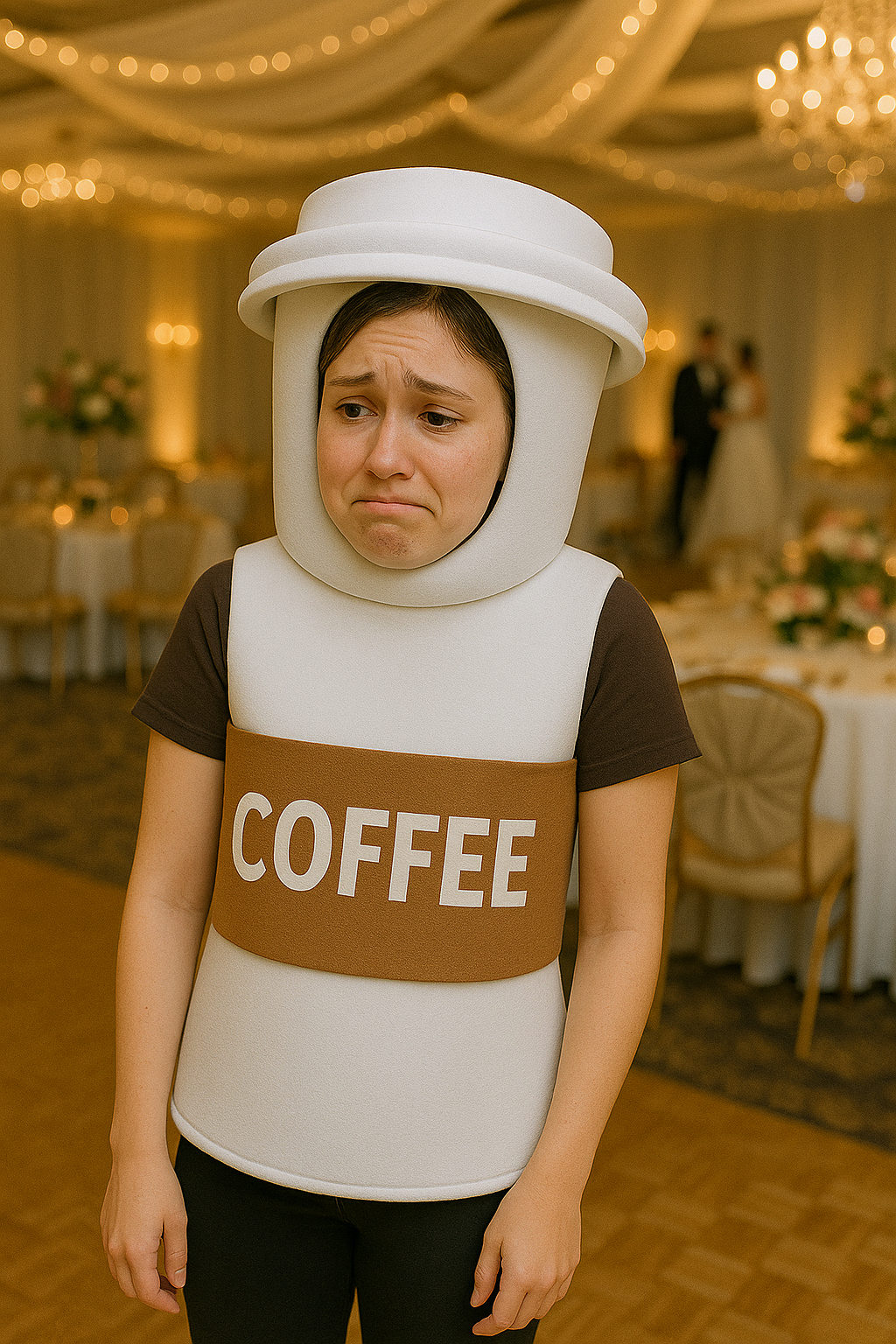 Una mujer con un disfraz de taza de café de espuma en un banquete de boda | Fuente: DALL-E