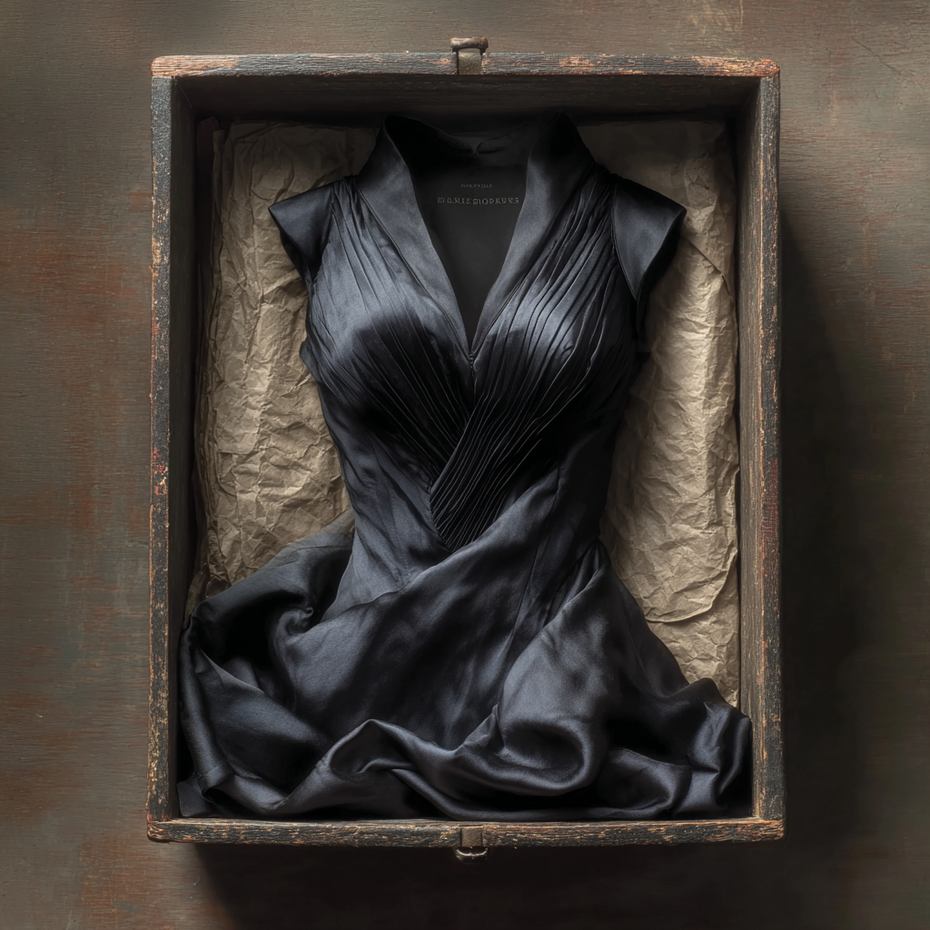 Un vestido negro en una caja | Fuente: Midjourney