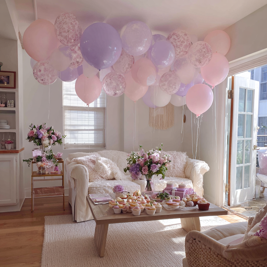 Un salón decorado para un baby shower | Fuente: Midjourney