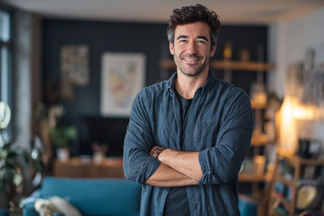 Un hombre de pie en su salón | Fuente: Midjourney