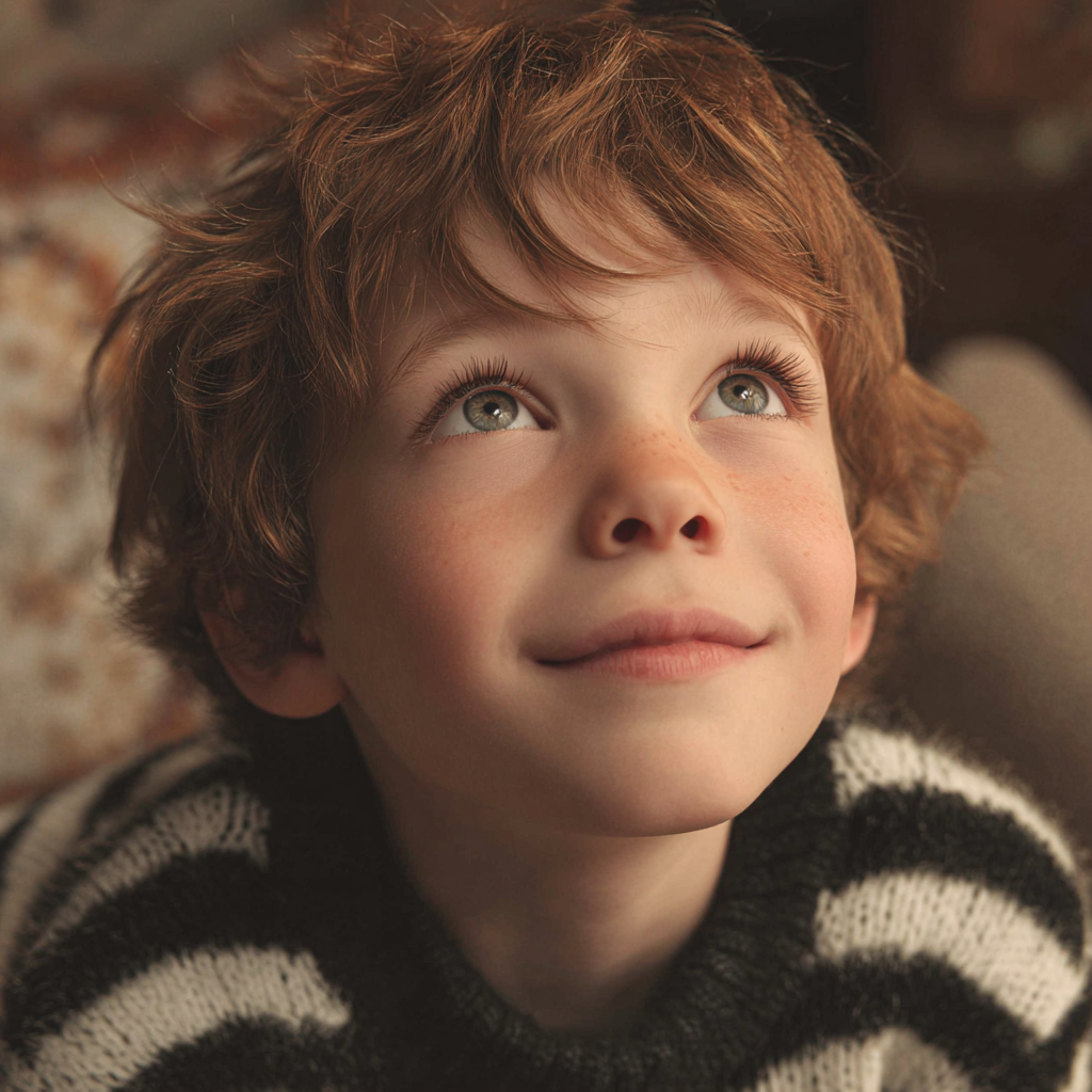 Un niño alegre mirando hacia arriba | Fuente: Midjourney