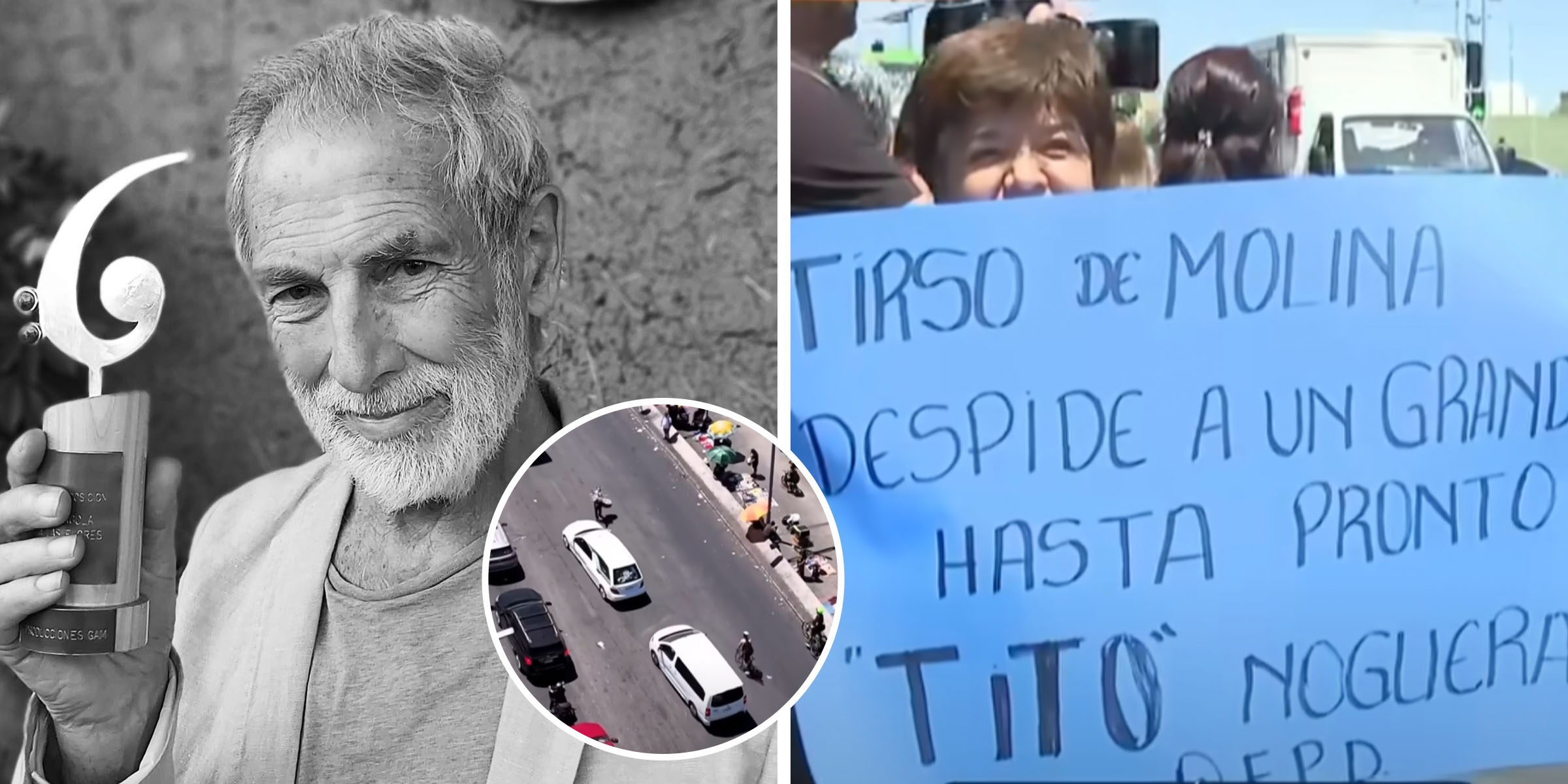 Héctor Noguera | Una persona con un cartel despidiendo al difunto actor | Fuente: instagram.com/hectornogueraillanes | youtube.com/@T13_cl