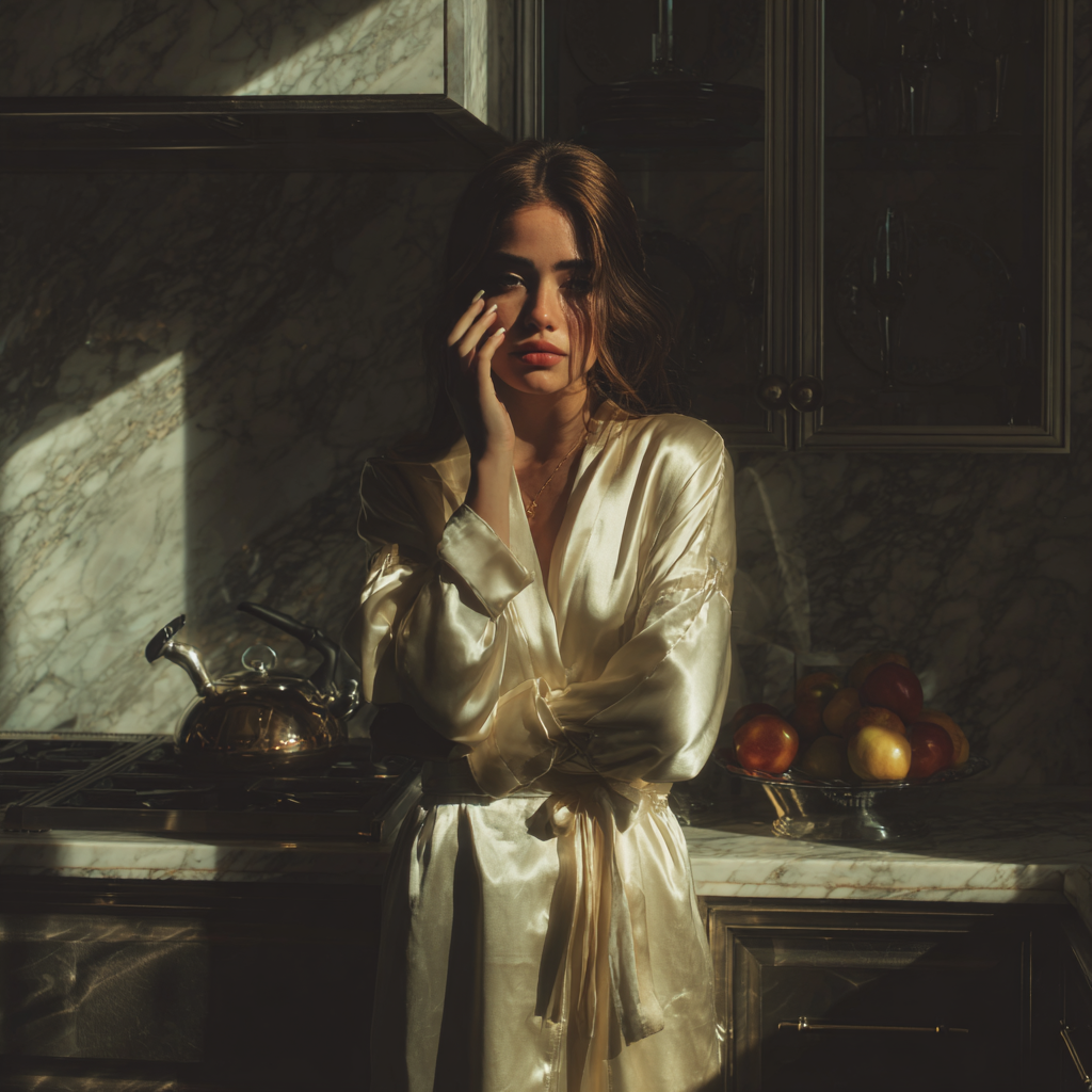 Una mujer emocionada de pie en una cocina | Fuente: Midjourney
