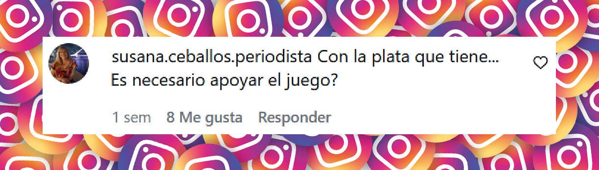 Comentario de una persona sobre la publicidad realizada por Susana Giménez con una plataforma de apuestas | Fuente: Instagram/bplay_ar