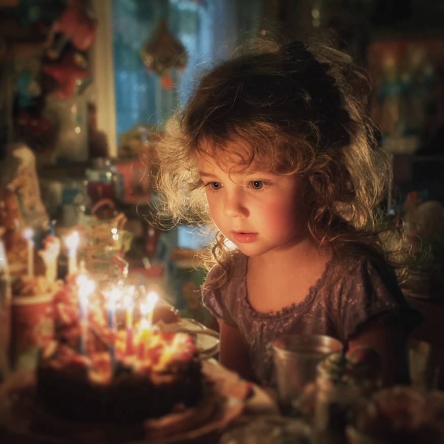 Una niña mirando un pastel de cumpleaños: Fuente: Midjourney
