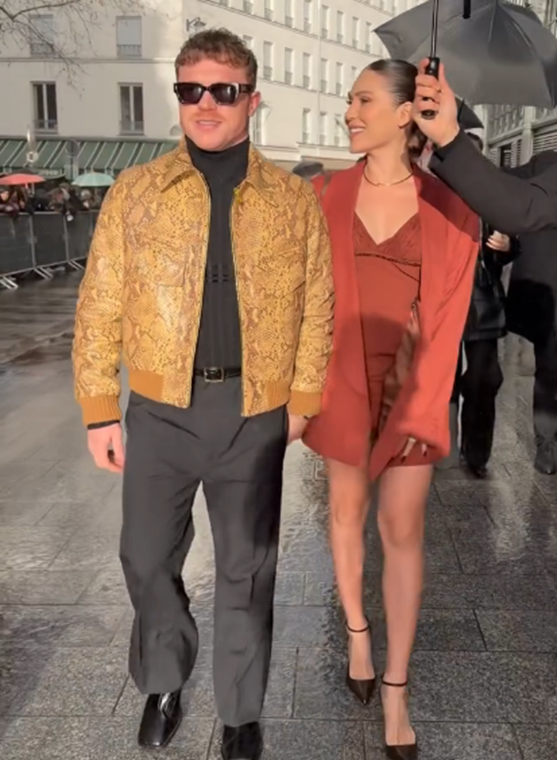 Fernanda Gómez y Canelo Álvarez llegando a la Semana de la Moda Masculina en París | Fuente: Instagram/fernandagmtz