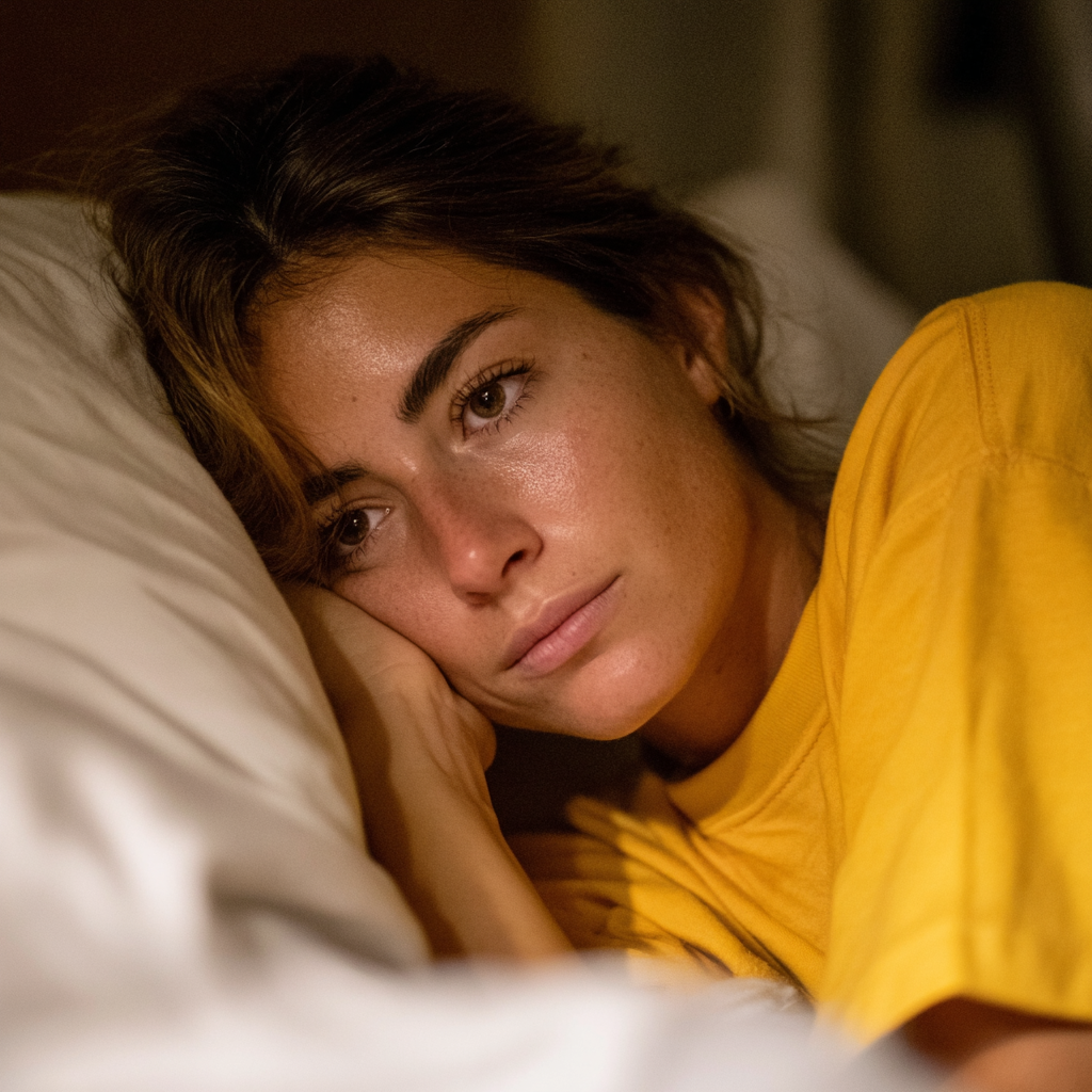 Una mujer preocupada tumbada en la cama | Fuente: Midjourney