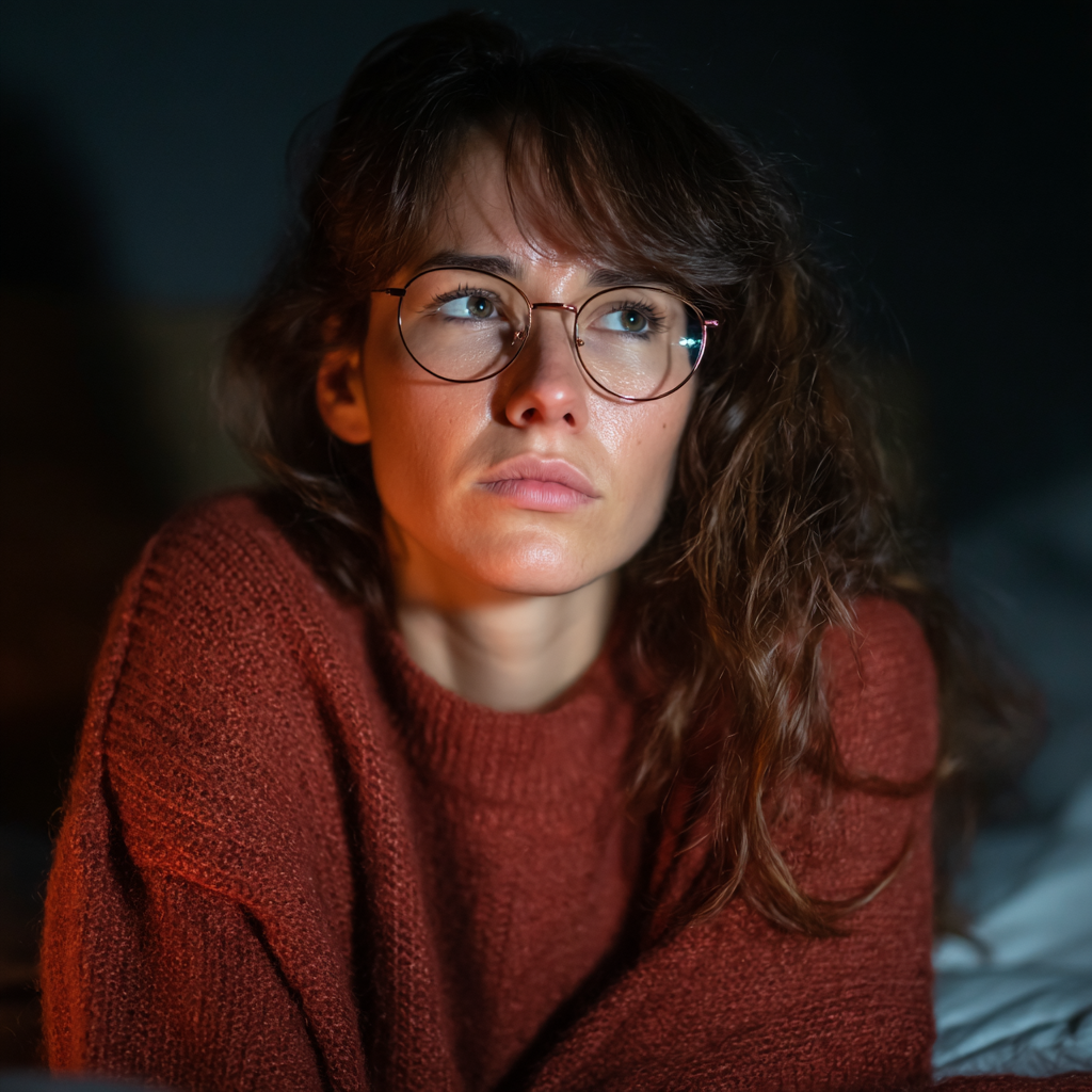 Una mujer pensativa sentada en la cama | Fuente: Midjourney