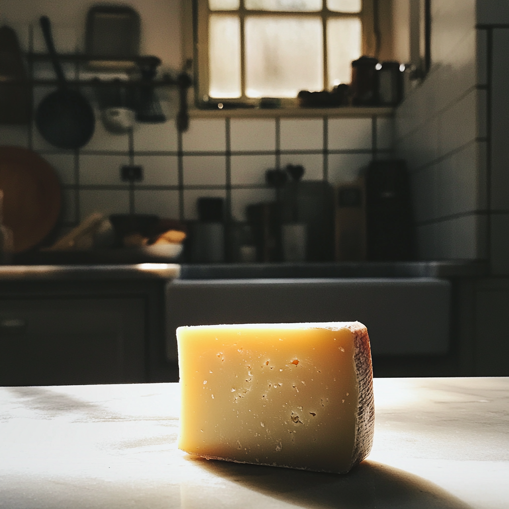 Un bloque de queso en la encimera de la cocina | Fuente: Midjourney