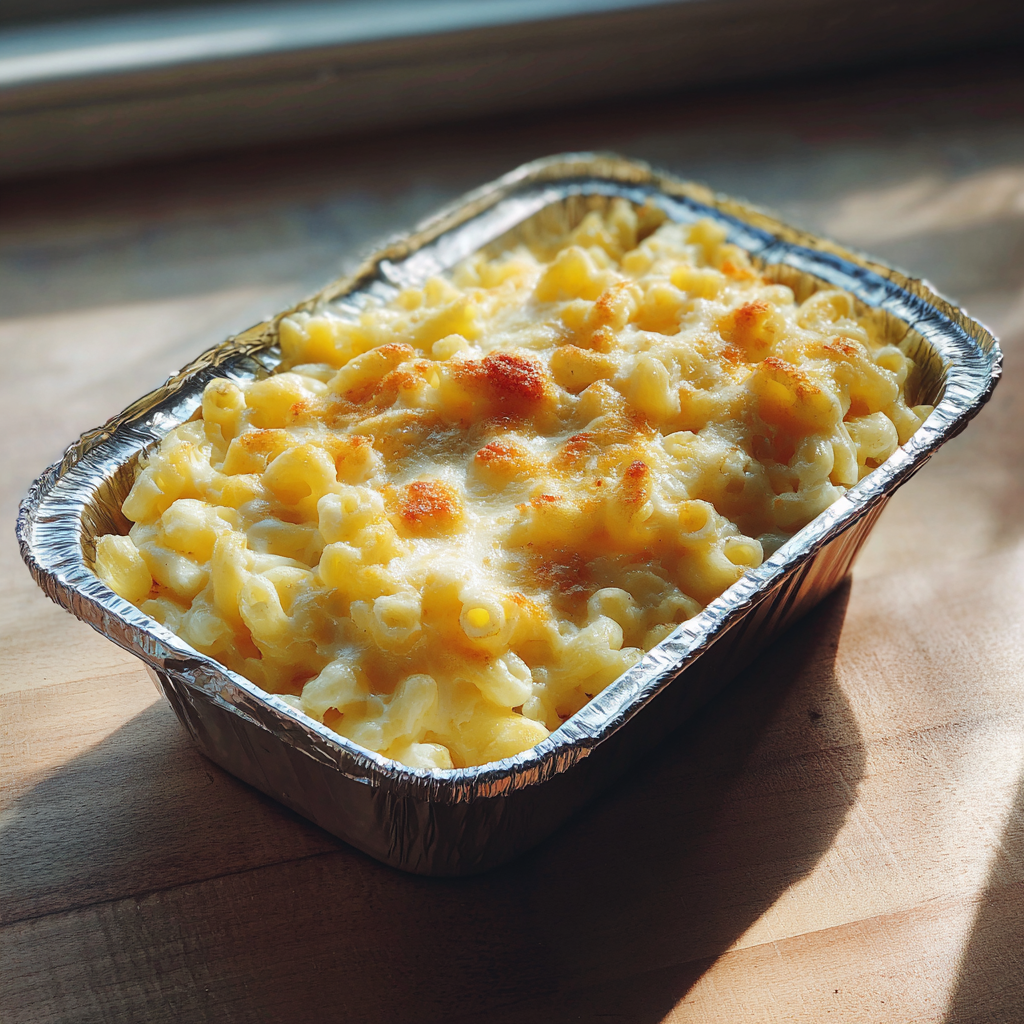 Un recipiente plateado de macarrones con queso | Fuente: Midjourney