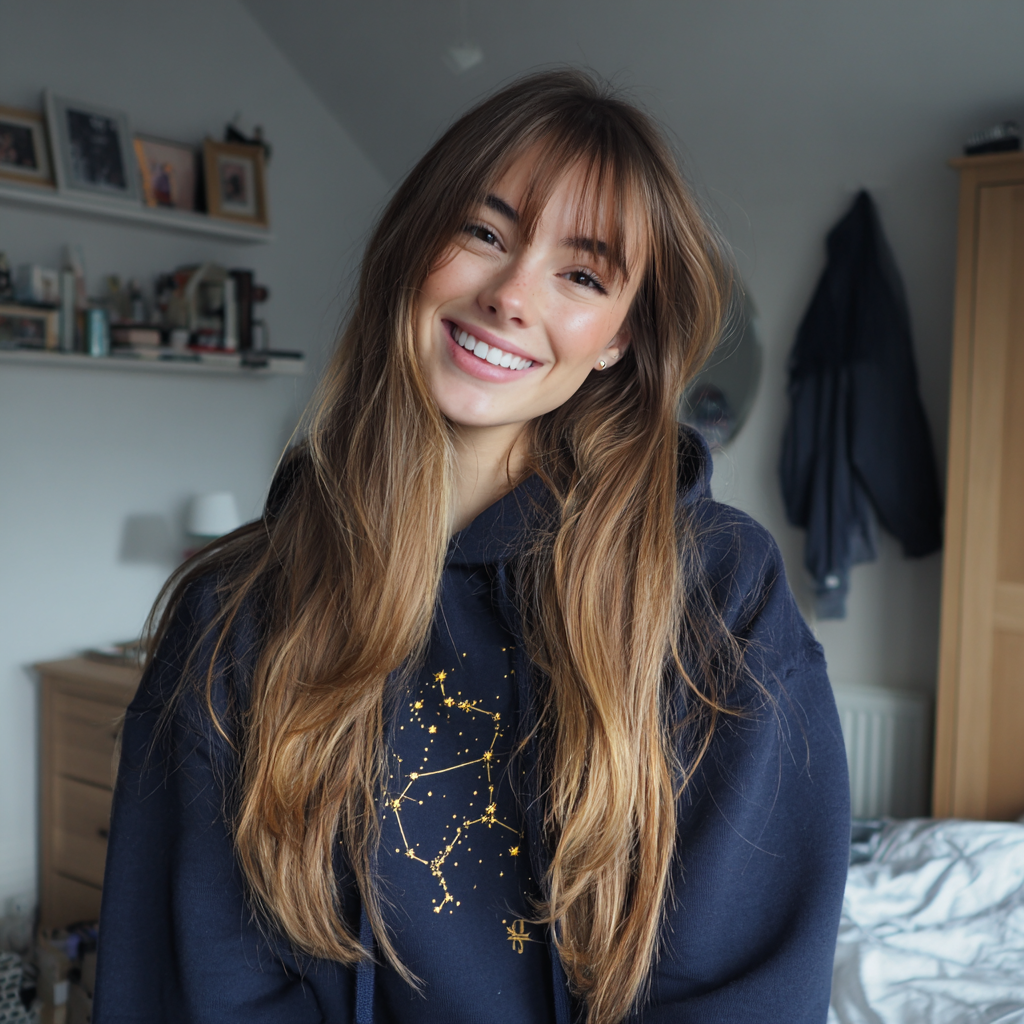 Una adolescente sonriente con una sudadera con capucha azul marino | Fuente: Midjourney